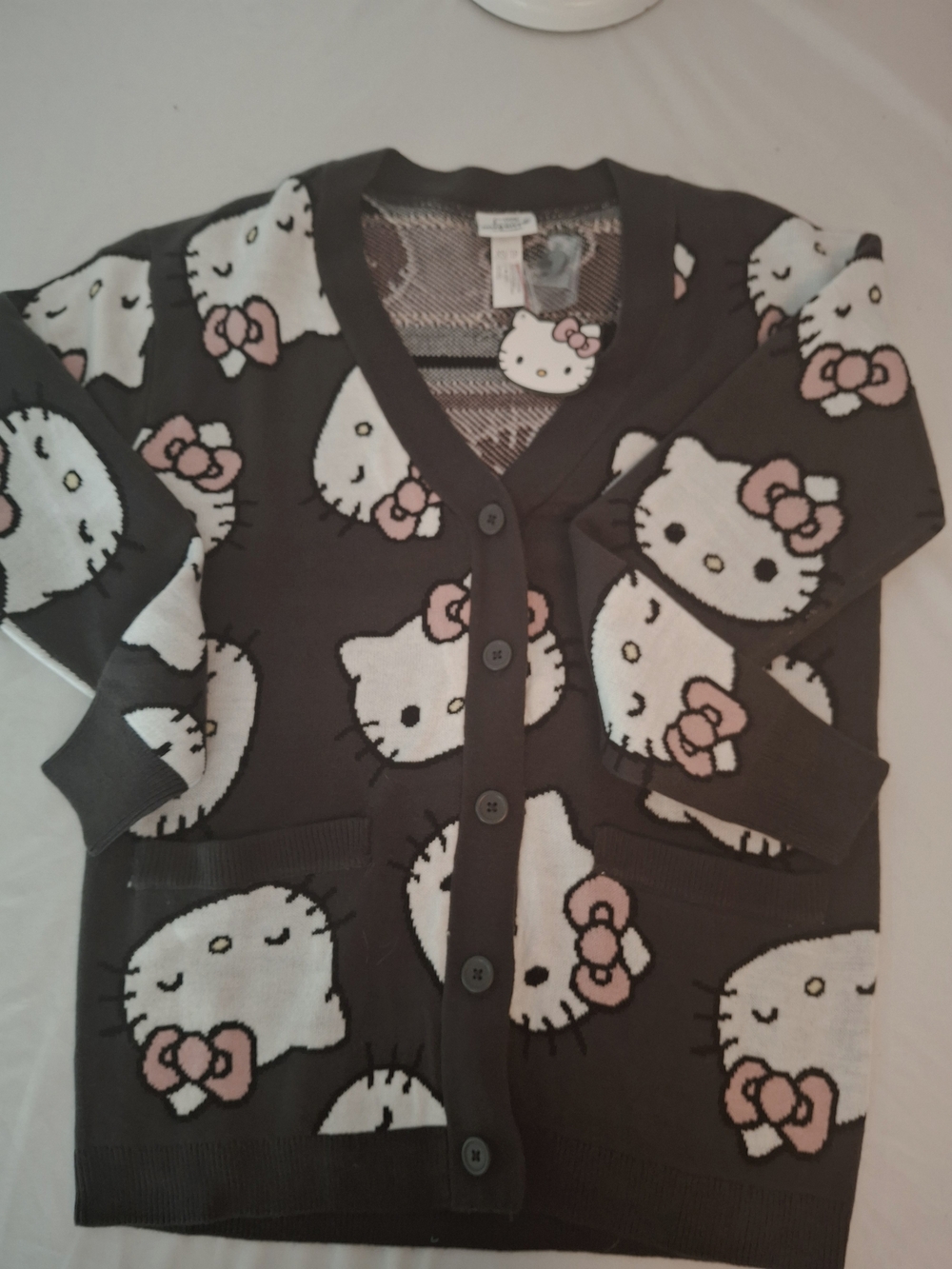 NWT Hello Kitty Brown Sanrio Button-Up Cardigan. Kitty W. Pink Bows. Ladies XS. - Picture 11 of 12